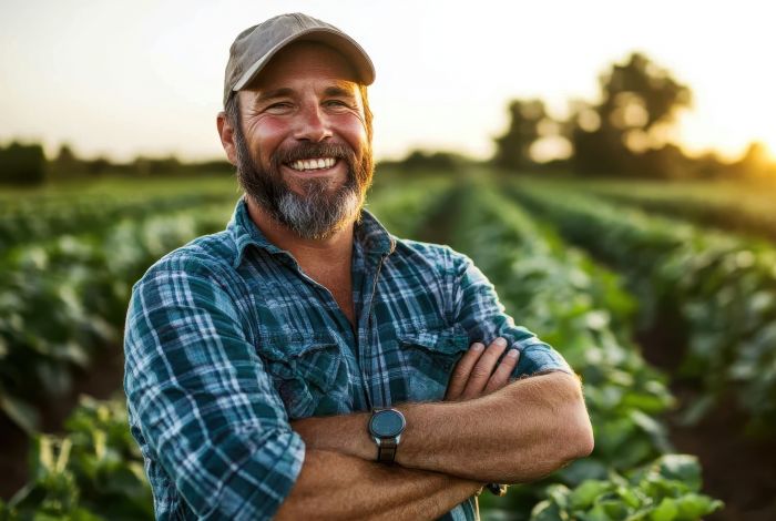 Worker standing with folded arms in a field.